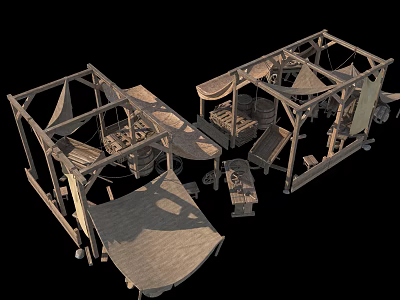 Wooden Frame Structures With Canvas Canopies And Outdoor Tables Chairs Setup 3d model