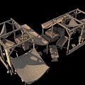Wooden Frame Structures With Canvas Canopies And Outdoor Tables Chairs Setup