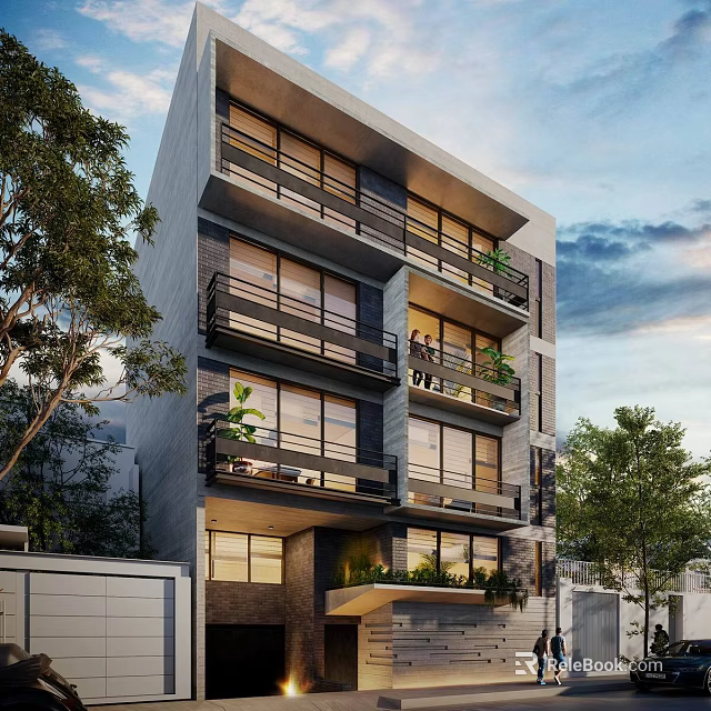 Modern Multi Story Guesthouse Building With Balconies Plants Glass Windows And Surrounding Trees 3d model 