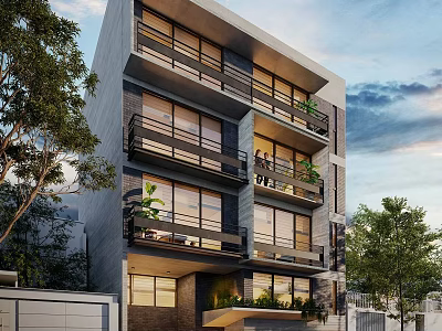 Modern Multi Story Guesthouse Building With Balconies Plants Glass Windows And Surrounding Trees 3d model