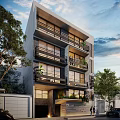 Modern Multi Story Guesthouse Building With Balconies Plants Glass Windows And Surrounding Trees