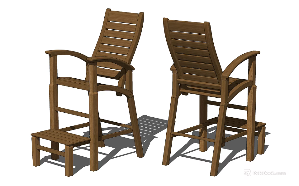 Brown Wooden Outdoor Leisure Chairs With Armrests Slatted Backrests And Footstools 3d model 
