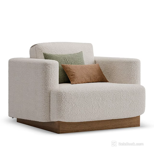 Beige Plush Single Sofa With Green And Brown Cushions And Wooden Base 3d model 