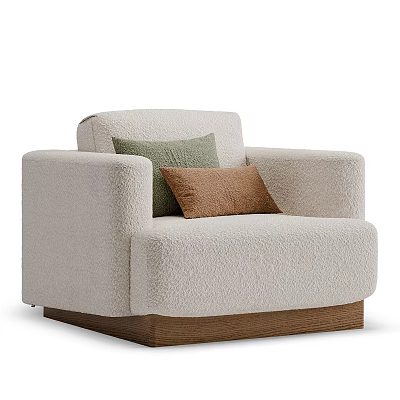 Beige Plush Single Sofa With Green And Brown Cushions And Wooden Base 3d model