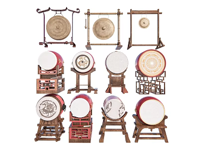 Traditional Chinese Musical Instruments Gongs Drums with Various Wooden Carved Stands 3d model