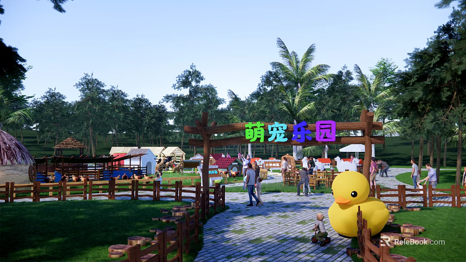 Fun Children's Playground With Wooden Fences Yellow Duck Statue Tents Trees And Green Lawn 3d model 
