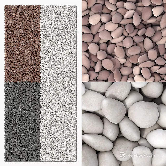 Different Natural Stone and Wood Materials Showcasing Various Pebbles and Granular Textures 3d model 