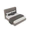 Modern Upholstered Double Bed With Padded Headboard Gray Pillows And Throw Blanket 3d model