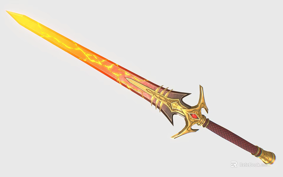 Intricate Fantasy Flame Patterned Sword With Golden Hilt And Red Blade 3d model 