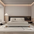 Modern Bedroom Interior with Large Bed Neutral Bedding and Geometric Pattern Rug 3d model