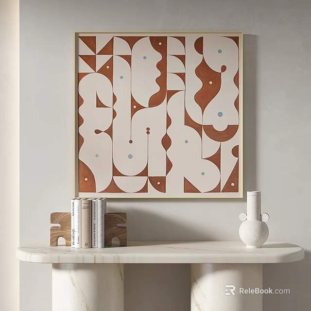 Stylish Console Table With Marble Top Decorative Artwork Books And White Vase 3d model