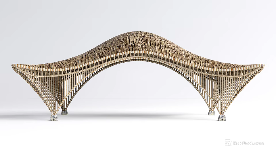 Elegant Modern Entrance Gate With Curved Top And Woven Wooden Strip Structure Design 3d model 