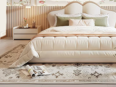 Beige Double Bed with Upholstered Headboard Multiple Pillows Nightstand Vase and Rug in Cozy Bedroom 3d model