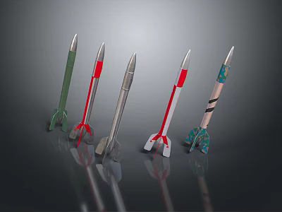 Colorful Rocket Models With Different Colors And Designs Arranged On Black Background 3d model