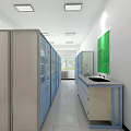 Laboratory Interior With Blue Glass Door Cabinets White Workbench And Green Wall Board