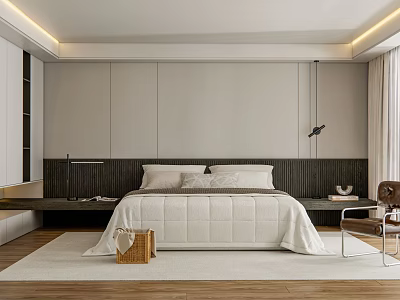 Modern Bedroom Interior Design With White Bedding Dark Headboard Wooden Floor And Armchair 3d model
