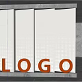 Perforated Panel Background Wall With Orange LOGO In Modern Concrete Interior