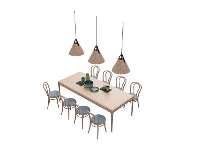 Stylish Dining Table Set With Long Wooden Table Chairs Pendant Lights And Green Tableware 3d model