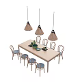 Stylish Dining Table Set With Long Wooden Table Chairs Pendant Lights And Green Tableware
