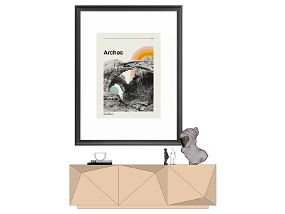 Geometric Decorative Cabinet Featuring Arches Poster Rainbow And Statue Decor 3d model