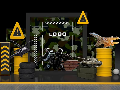 Military Toy Display With Camouflage Backdrop Warning Signs Tank Helicopter And Soldier Figures 3d model