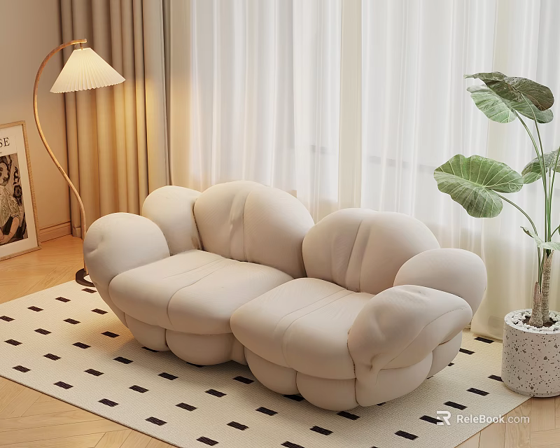 Cloud Shaped Beige Single Seater Sofa With Floor Lamp White Curtains And Checkered Rug 3d model 