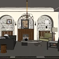 Elegant Living Room Interior Design With Fireplace Black Sofa Arched Bookshelves And Chandelier
