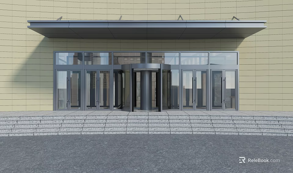 Modern Building Entrance Design With Revolving Glass Doors And Steps 3d model 