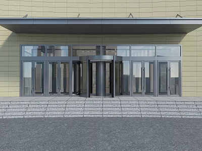 Modern Building Entrance Design With Revolving Glass Doors And Steps 3d model