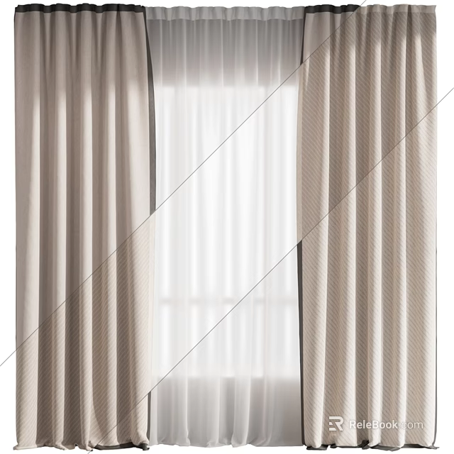 Elegant Beige Textured Curtains With White Sheer Panels For Home Window Decor 3d model 