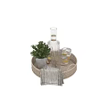 Decorative Ornament Set With Woven Tray Transparent Bottle Glass Cups Green Plant And Gray Towel