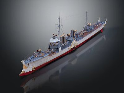 Vintage Warship Model With Multiple Turrets Red Bottom And White Hull Structure 3d model