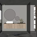 Modern Wooden Bathroom Vanity with White Sink Round Mirrors Plants and Bright Window Greenery