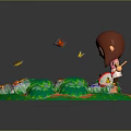 Natural Scene With Green Grass Small Pond Colorful Flowers Butterflies Flying Little Girl Holding Net
