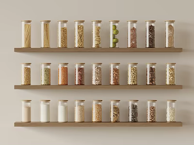 Clear Glass Spice Jars With Assorted Ingredients Neatly Arranged On Wooden Shelves 3d model