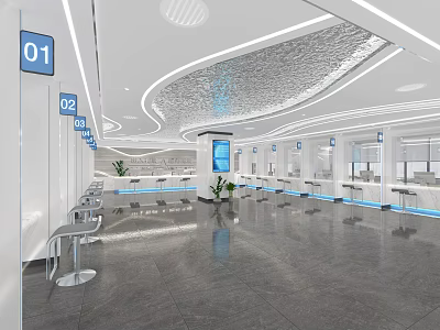 Modern Service Hall Interior With Counters Signage Seating And Plants 3d model