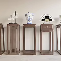 Chinese Style Wooden Flower Stands Featuring Porcelain Vase Fan Bonsai And Decorative Ornaments