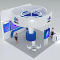 Modern Exhibition Booth with White Blue Circular Top Column Structure and Display Screens