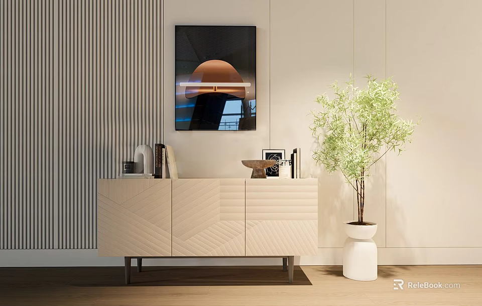Modern Entryway Console Table with Chevron Pattern Doors and Potted Tree 3d model 