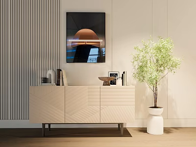 Modern Entryway Console Table with Chevron Pattern Doors and Potted Tree 3d model