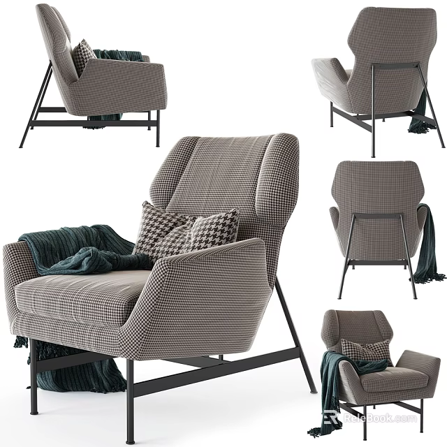 Gray Textured Armchair With Plaid Pillows Black Metal Legs And Throw Blanket In Multiple Angles 3d model 