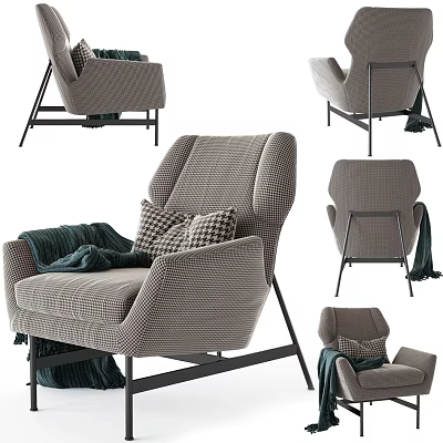 Gray Textured Armchair With Plaid Pillows Black Metal Legs And Throw Blanket In Multiple Angles 3d model