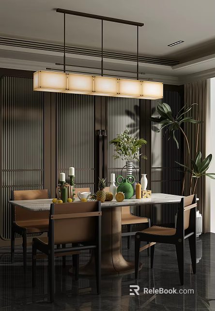 Modern Restaurant Interior With Pendant Light Marble Table Chairs Vertical Slats Fruits Plants And Vases 3d model 