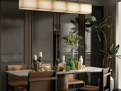 Modern Restaurant Interior With Pendant Light Marble Table Chairs Vertical Slats Fruits Plants And Vases 3d model