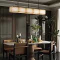 Modern Restaurant Interior With Pendant Light Marble Table Chairs Vertical Slats Fruits Plants And Vases