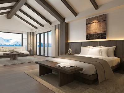 Luxury Hotel Room With King Bed Wooden Ceiling Floor To Ceiling Windows And Decorative Painting 3d model
