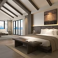 Luxury Hotel Room With King Bed Wooden Ceiling Floor To Ceiling Windows And Decorative Painting