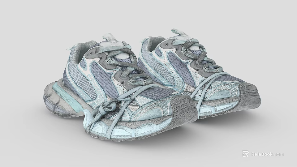 Light Blue And Gray Mesh Sneakers With Tied Laces And Vintage Sole Design 3d model 