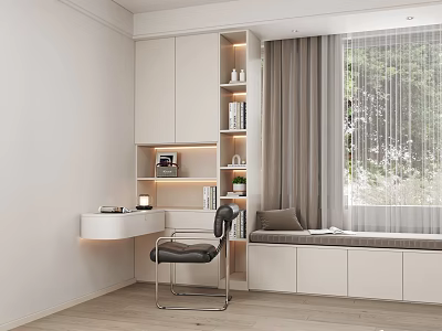 Modern White Bookshelf With Built in Desk Lighting Decorative Items and Window Seat 3d model