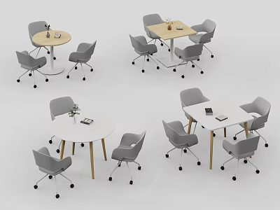 Modern Table And Chair Set With Round Square Tables Wheeled Gray Chairs Wooden Legs 3d model